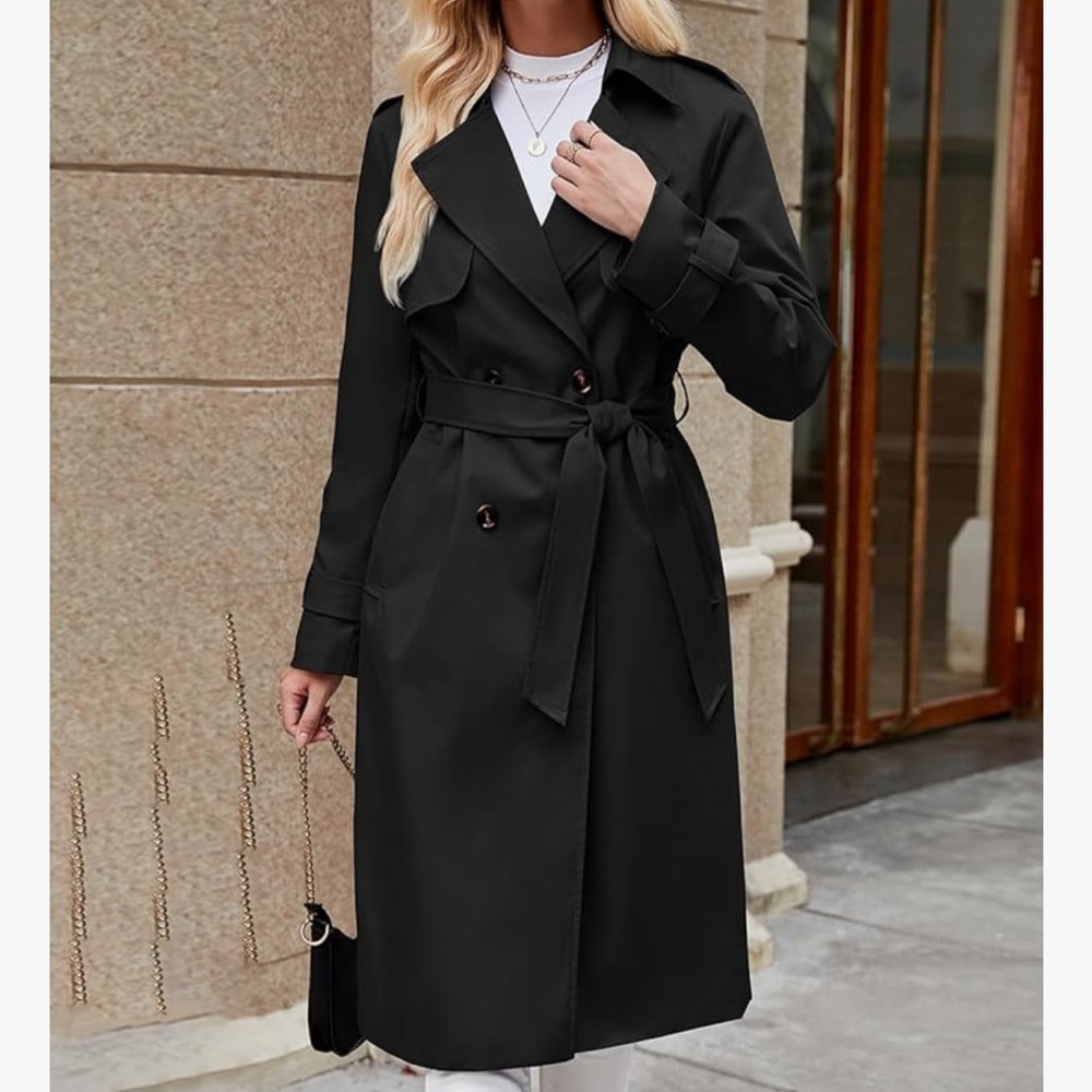 Classic Black Trench Coat with Waist Tie